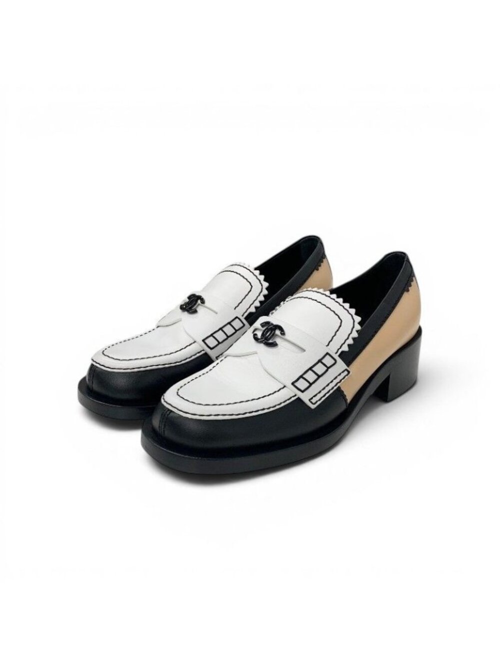 Chanel Loafers Leather Shoes White Black Beige CC Logo Scalloped Edge